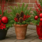 Weihnachtlich dekorierte Pflanzkübel für draußen mit Tannenzweigen, roten Kugeln und Beeren.