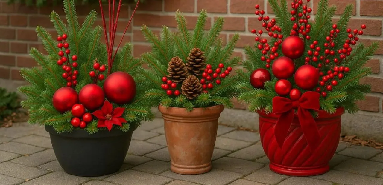 Weihnachtlich dekorierte Pflanzkübel für draußen mit Tannenzweigen, roten Kugeln und Beeren.