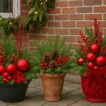 Weihnachtlich dekorierte Pflanzkübel für draußen mit Tannenzweigen, roten Kugeln und Beeren.