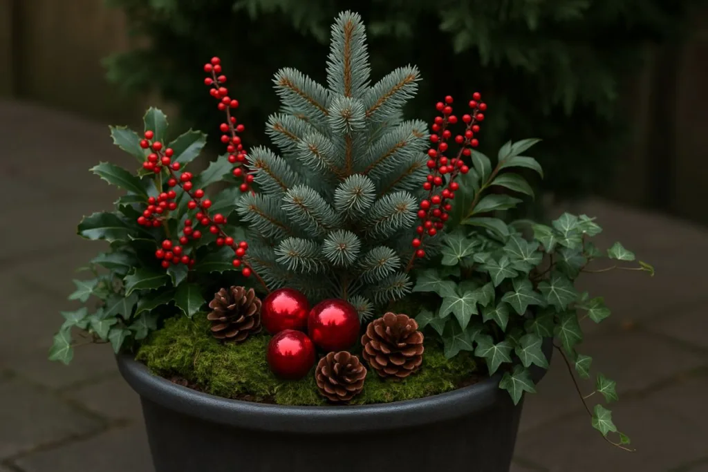 Weihnachtlicher Pflanzkübel mit Zwergfichte, Ilex, Efeu, roten Beeren, Zapfen und Kugeln als Deko