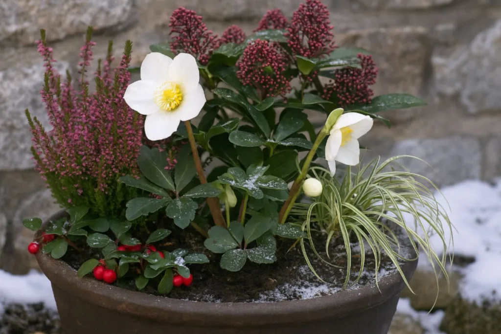 Winterlicher Pflanzkübel mit Christrose, Heide und Skimmie – weihnachtliche Pflanzkübel