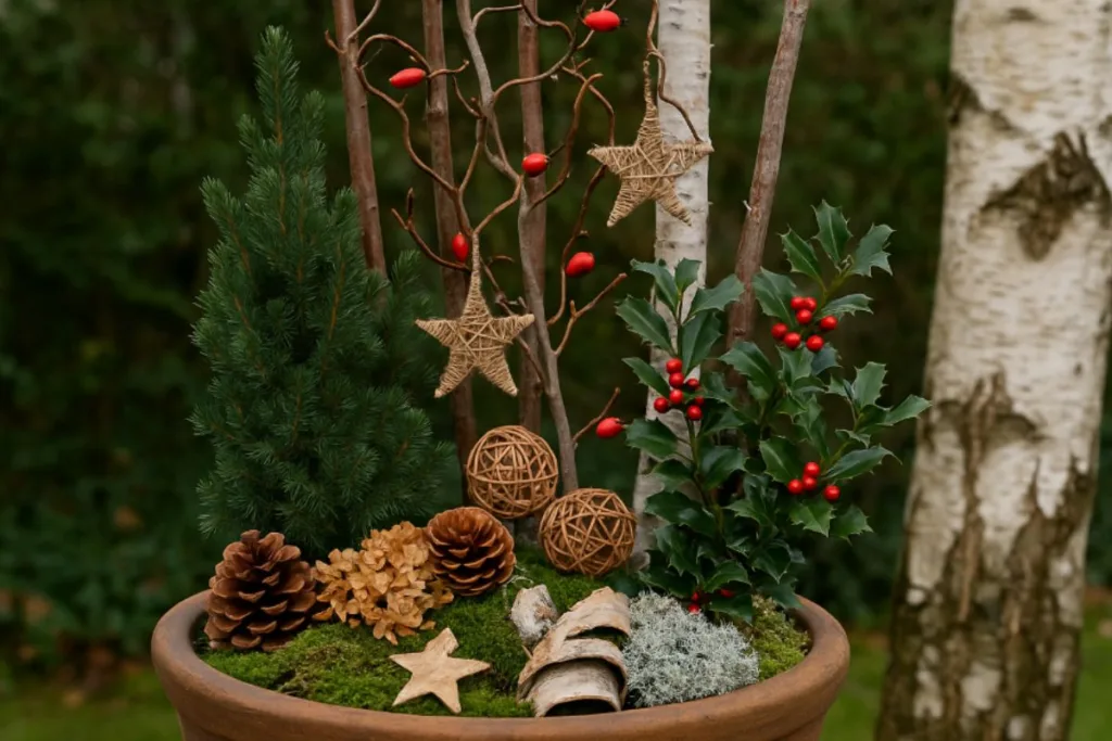 Rustikaler weihnachtlicher Pflanzkübel mit Tannenzweigen, Ilex, Zapfen und Naturdeko im Wintergarten