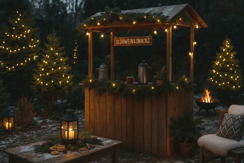 Weihnachtsmarkt zuhause im Garten mit Lichterketten, Feuerstelle und Holzstand