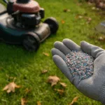 Rasenpflege im Oktober mit Dünger, Rasenmäher und Rechen auf grünem Rasen