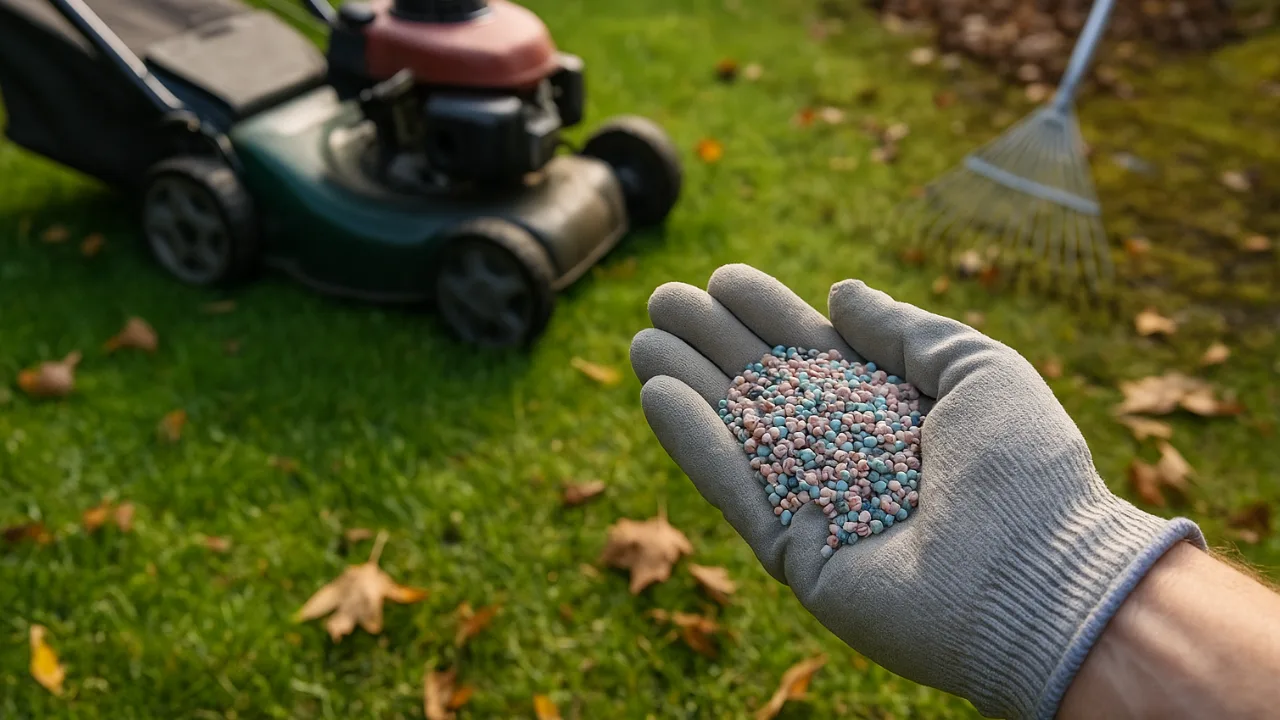 Rasenpflege im Oktober mit Dünger, Rasenmäher und Rechen auf grünem Rasen