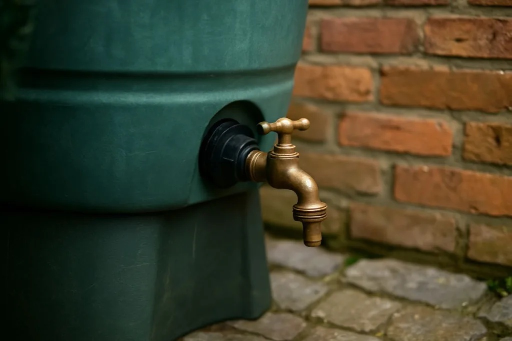 Regentonne winterfest machen - 3 Dinge, die fast jeder vergisst Nahaufnahme eines geöffneten Auslaufhahns an einer Regentonne – wichtig beim Regentonne winterfest machen.