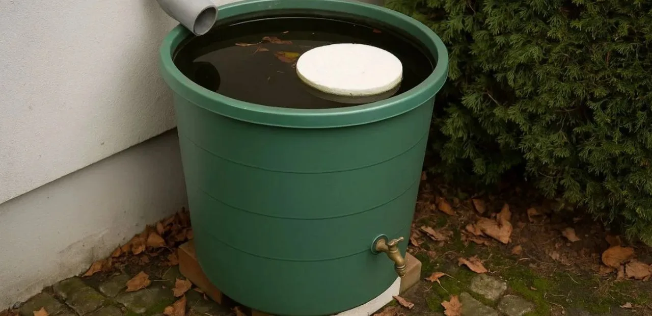 Grüne Regentonne winterfest gemacht mit Eisfreihalter, steht auf Ziegeln neben Hecke und Hauswand im Garten.