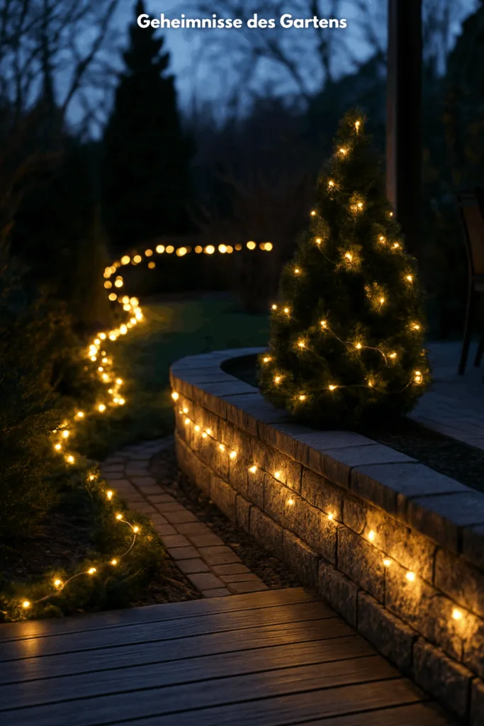Terrasse weihnachtlich beleuchten - 3 stimmungsvolle Ideen Terrasse weihnachtlich beleuchten mit Lichterkette entlang Mauerkante und Strauch