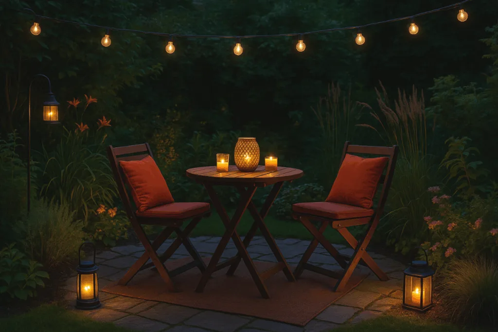 Garten mit Lichterketten, Laternen und Sitzbereich im Spätsommer