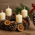 Weihnachtliche Deko aus Tannenzapfen mit Kerzen, Engel und rotem Band