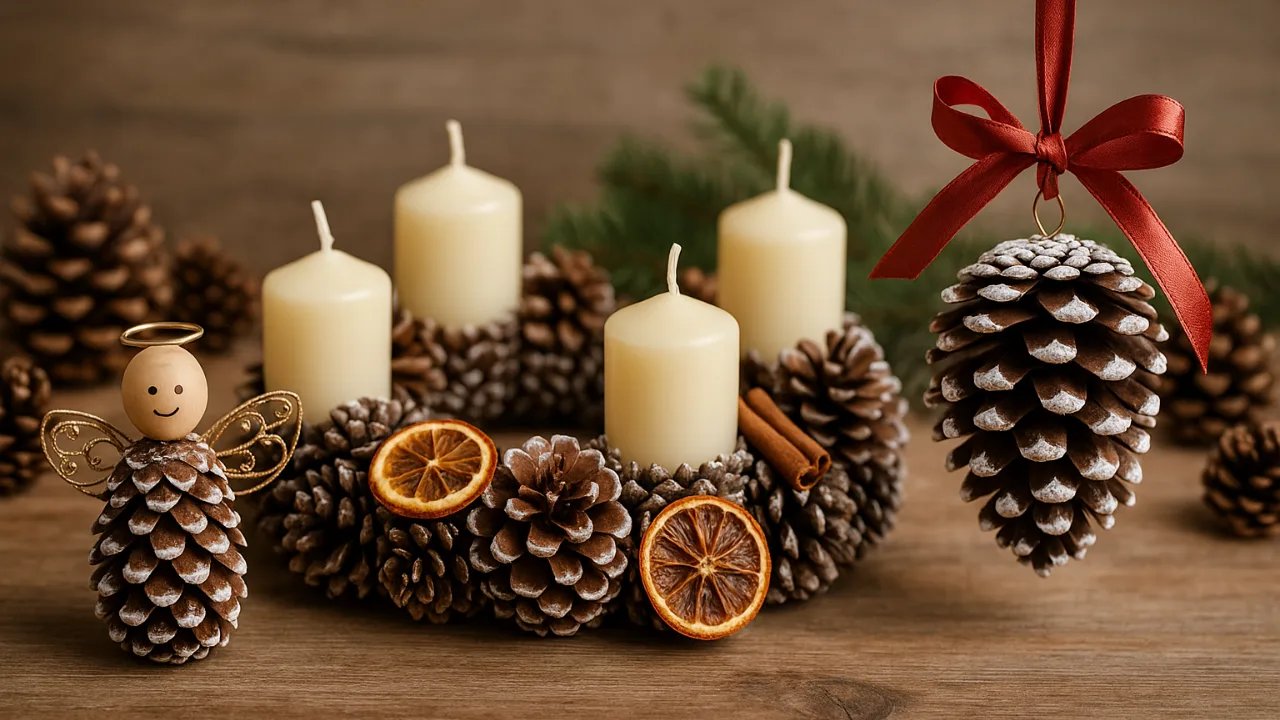 Weihnachtliche Deko aus Tannenzapfen mit Kerzen, Engel und rotem Band