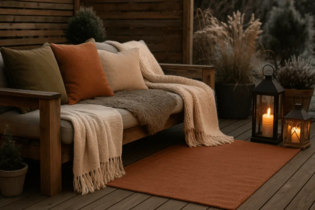 So machst du deine Terrasse im Winter richtig gemütlich Winterterrasse mit warmen Textilien, Decken und Kissen – Terrasse gemütlich gestalten im Winter.