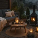 Gemütliche Winterterrasse mit Feuerofen, Laternen und Decken – Terrasse gemütlich gestalten im Winter.