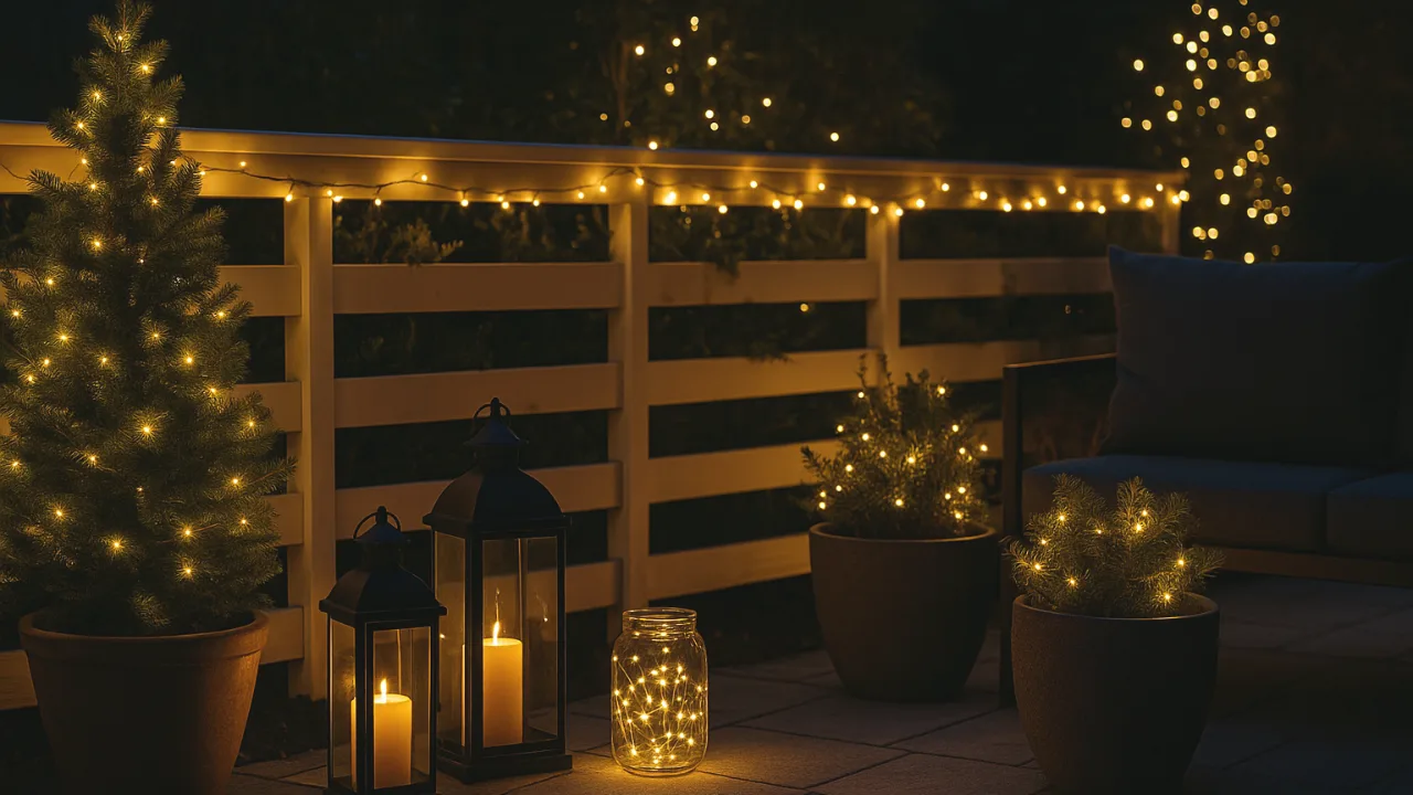 Terrasse weihnachtlich beleuchten mit Lichterketten, Laternen und warmem LED-Licht