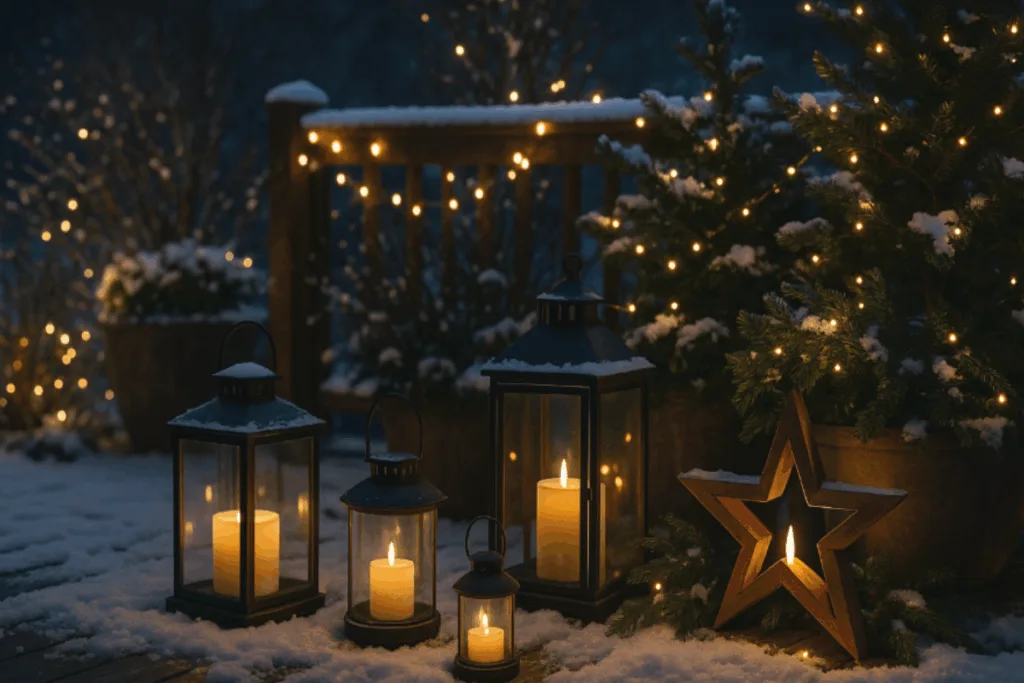 Terrasse winterlich dekorieren - tolle Ideen für mehr Gemütlichkeit Winterliche Terrasse mit Laternen, Lichterketten und Holzstern – stimmungsvolle Beleuchtung im Schnee