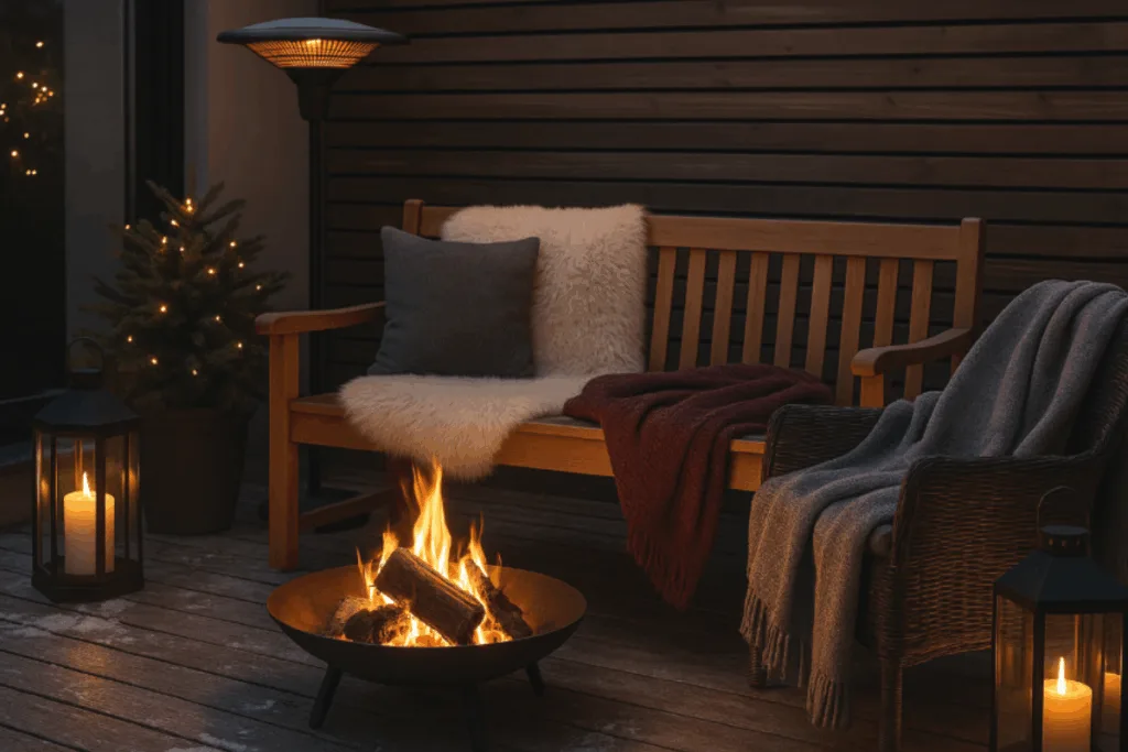 Terrasse winterlich dekorieren - tolle Ideen für mehr Gemütlichkeit Gemütliche winterliche Terrasse mit Sitzbank, Decken, Feuerstelle und Kerzen – Möbel und Wärmequellen im Winter.