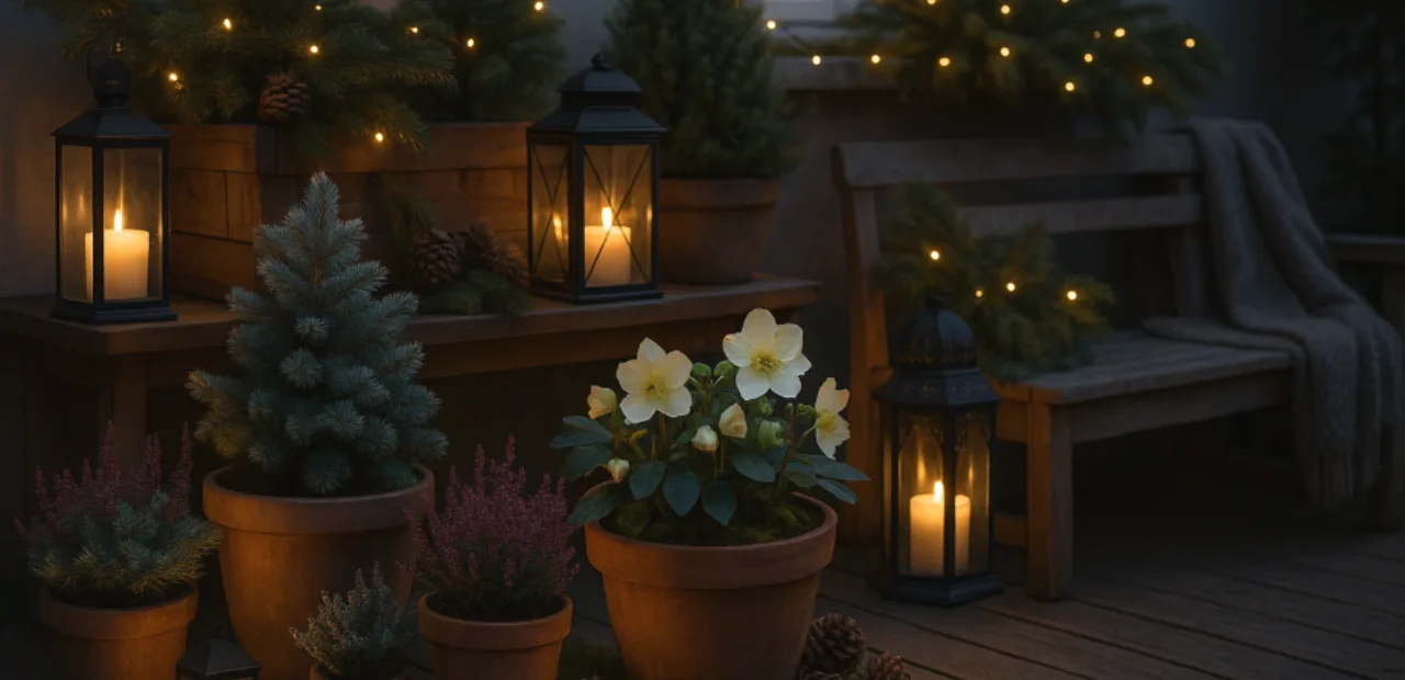 Winterlich dekorierte Terrasse mit Laternen, Lichterketten, Christrosen und Tannengrün im warmen Abendlicht