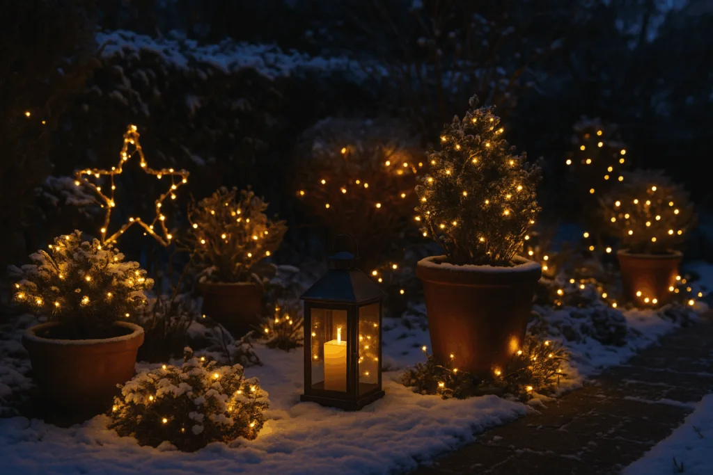 Weihnachtsbeleuchtung im Garten - 3 schöne Ideen für draußen Garten Weihnachtsbeleuchtung mit Lichterketten und Laternen im Schnee