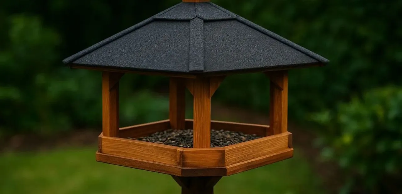 Holz-Vogelhaus im Garten mit schwarzem Bitumendach, wetterfest und ideal für verschiedene Vogelarten.