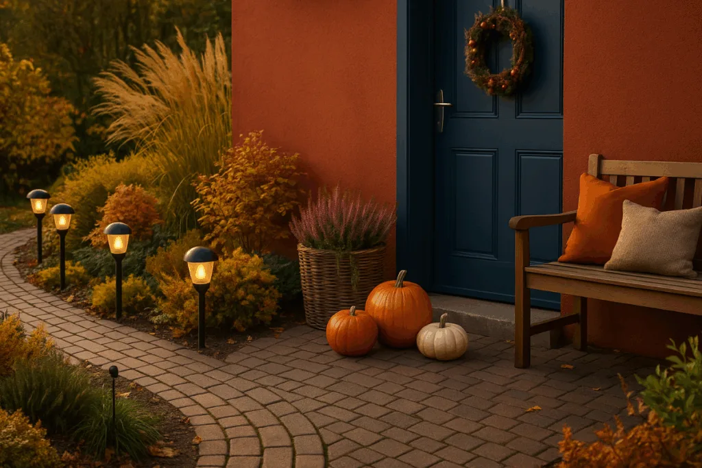 Herbstliche Gestaltung von Weg und Eingangsbereich mit Kürbissen, Beleuchtung, Türkranz und Sitzbank.