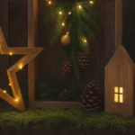 Weihnachtliche Außendeko aus Holz mit Leuchtstern, Holzrahmen und Minihäusern