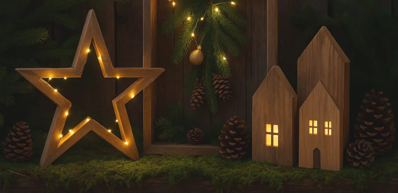 Weihnachtliche Außendeko aus Holz mit Leuchtstern, Holzrahmen und Minihäusern