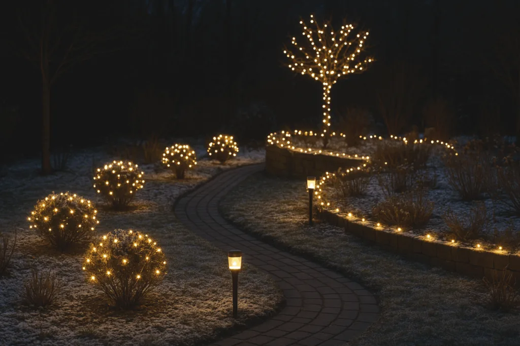 Weihnachtsbeleuchtung im Garten - 3 schöne Ideen für draußen Garten Weihnachtsbeleuchtung mit warmweißen Lichtern entlang eines verschneiten Weges