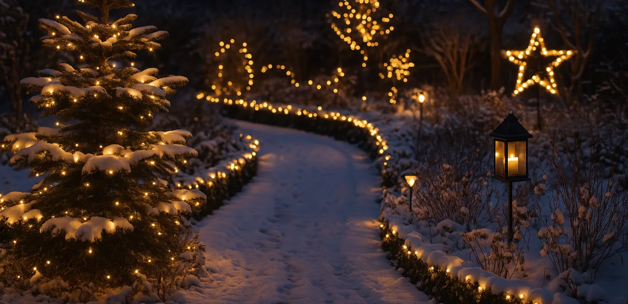 Garten Weihnachtsbeleuchtung mit Lichterketten, Laternen und verschneiten Wegen