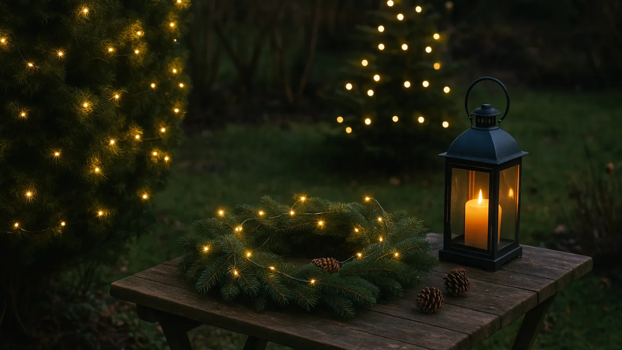 Weihnachtsdeko Außenbereich im Garten mit Lichterkette, Kranz und Laterne