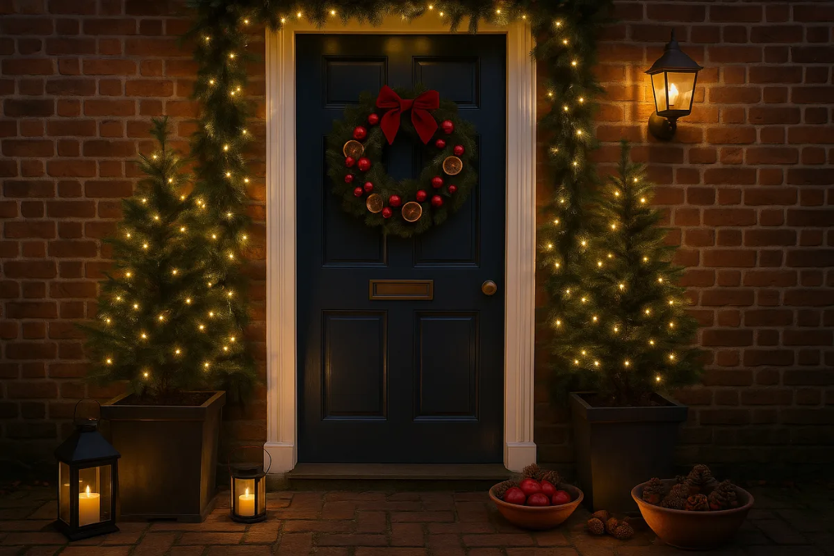 Weihnachtsdeko für die Haustür - 3 stilvolle Ideen für draußen Weihnachtlich geschmückte Haustür mit Kranz, Laternen und Lichterketten im Schnee