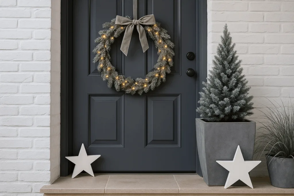 Weihnachtsdeko für die Haustür - 3 stilvolle Ideen für draußen Moderne Weihnachtsdeko an Haustür mit grauem Kranz und Lichterkette