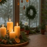 Gemütliche Weihnachtsdeko im Wintergarten mit Kerzen, Tannenzweigen und kleinen Pflanzen im warmen Kerzenlicht.