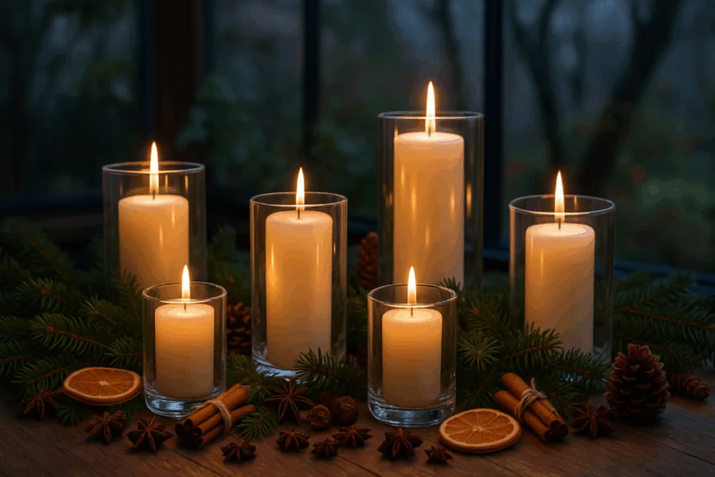Kerzenlicht und Tannenzweige als Weihnachtsdeko im Wintergarten, warmes Licht und natürliche Stimmung