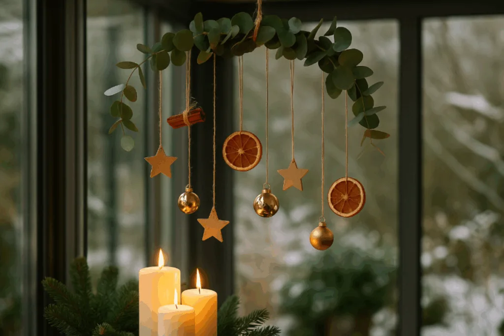 Hängende Weihnachtsdeko im Wintergarten mit Eukalyptus, Orangenscheiben und Kerzenlicht