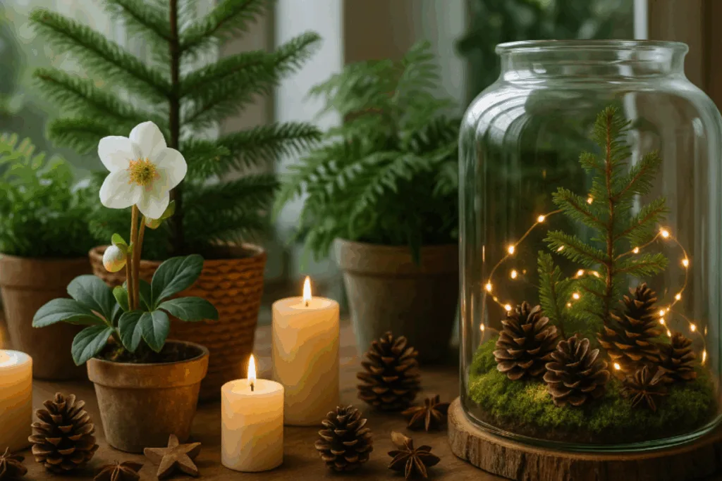 Weihnachtsdeko im Wintergarten mit Pflanzen, Kerzen und Tannenzweigen – natürliche Dekoidee für die Adventszeit.