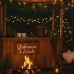 Weihnachtsmarkt zuhause im Garten mit Lichterketten, Feuerstelle und Glühweinstand