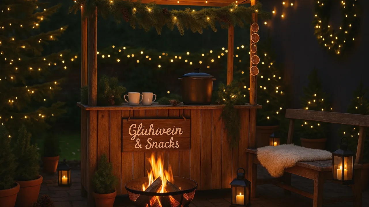 Weihnachtsmarkt zuhause im Garten mit Lichterketten, Feuerstelle und Glühweinstand