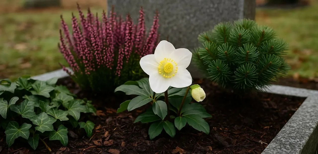 Winterbepflanzung Grab mit Christrose, Heide, Efeu und Zwergkiefer vor einem Grabstein im Freien