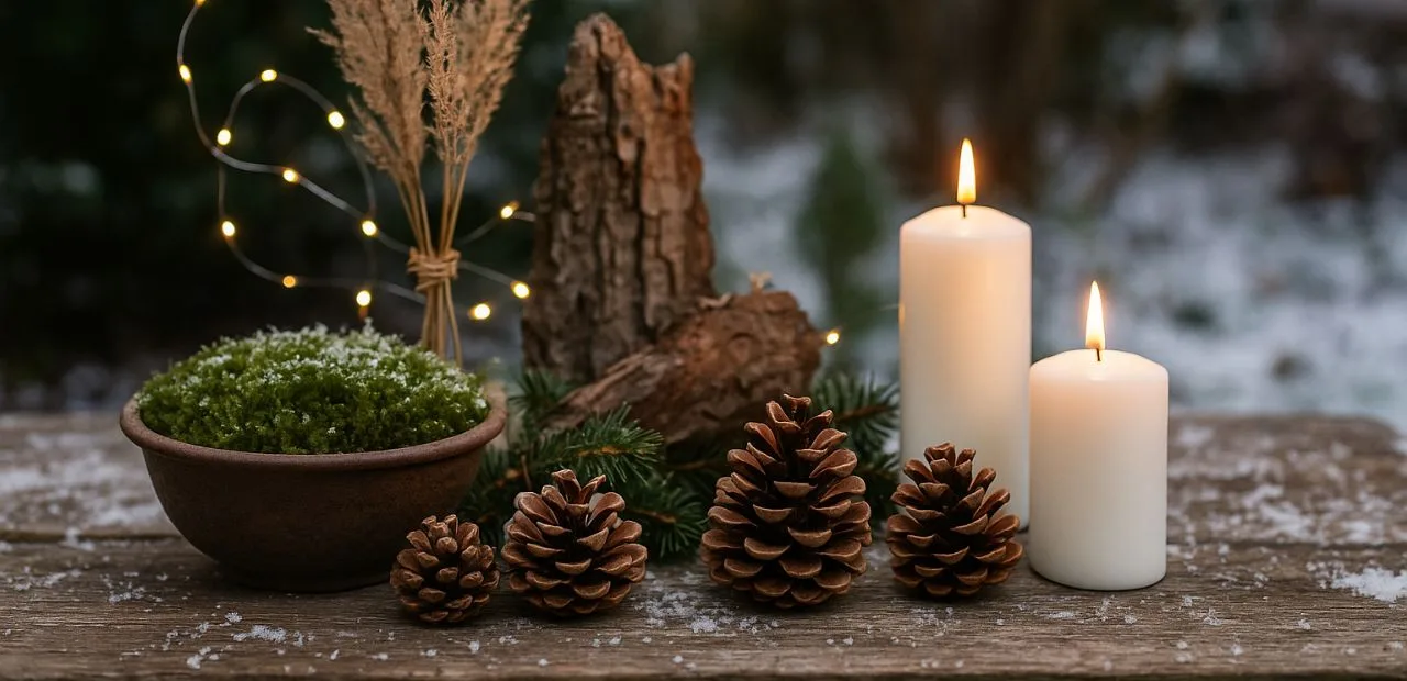Winterdeko für deine Gartenparty - tolle Tipps & Inspiration Winter Gartenparty Deko mit Moos, Zapfen, Kerzen und Naturmaterialien auf rustikalem Holztisch