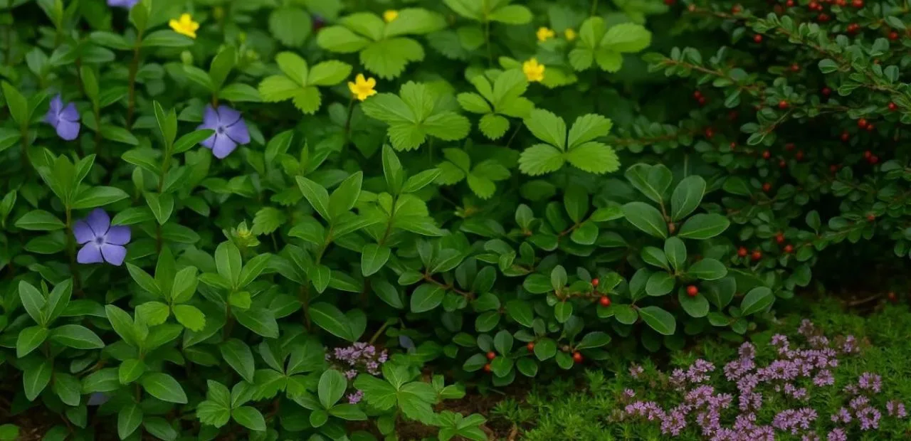 Winterharte Bodendecker – Das sind die besten Arten Winterharte Bodendecker wie Immergrün, Golderdbeere und Thymian bedecken dicht den Gartenboden.