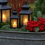 Zinkwanne Deko Garten Weihnachten mit Laternen, Ilex und Tannenzweigen