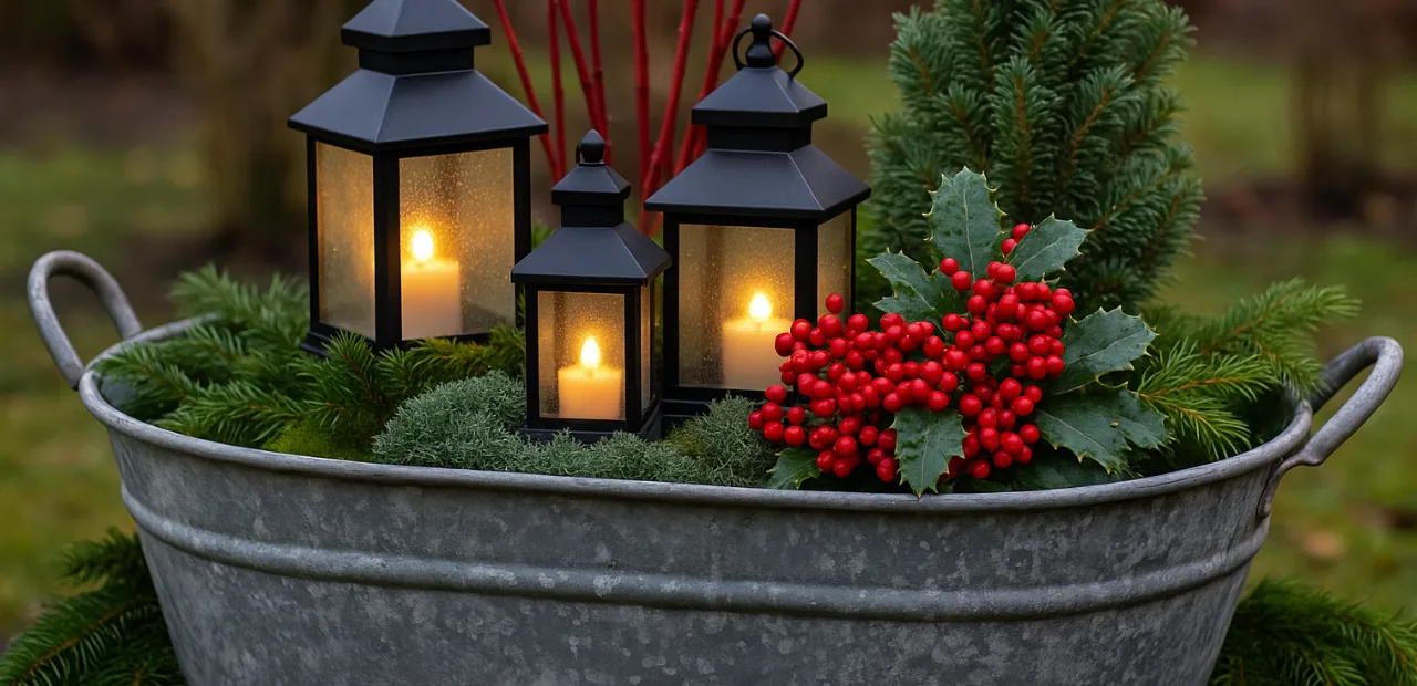 Zinkwanne Deko Garten Weihnachten mit Laternen, Ilex und Tannenzweigen