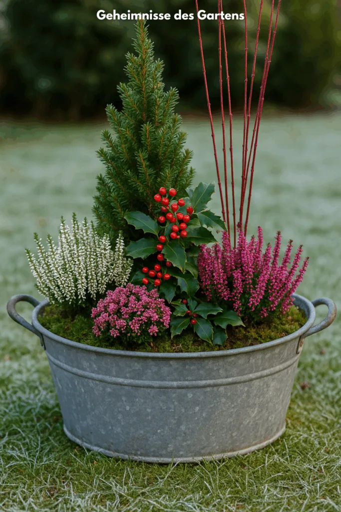 Zinkwannen Deko zu Weihnachten - 3 schöne Ideen für deinen Garten Zinkwanne Deko Garten Weihnachten mit Heide, Ilex und Koniferen