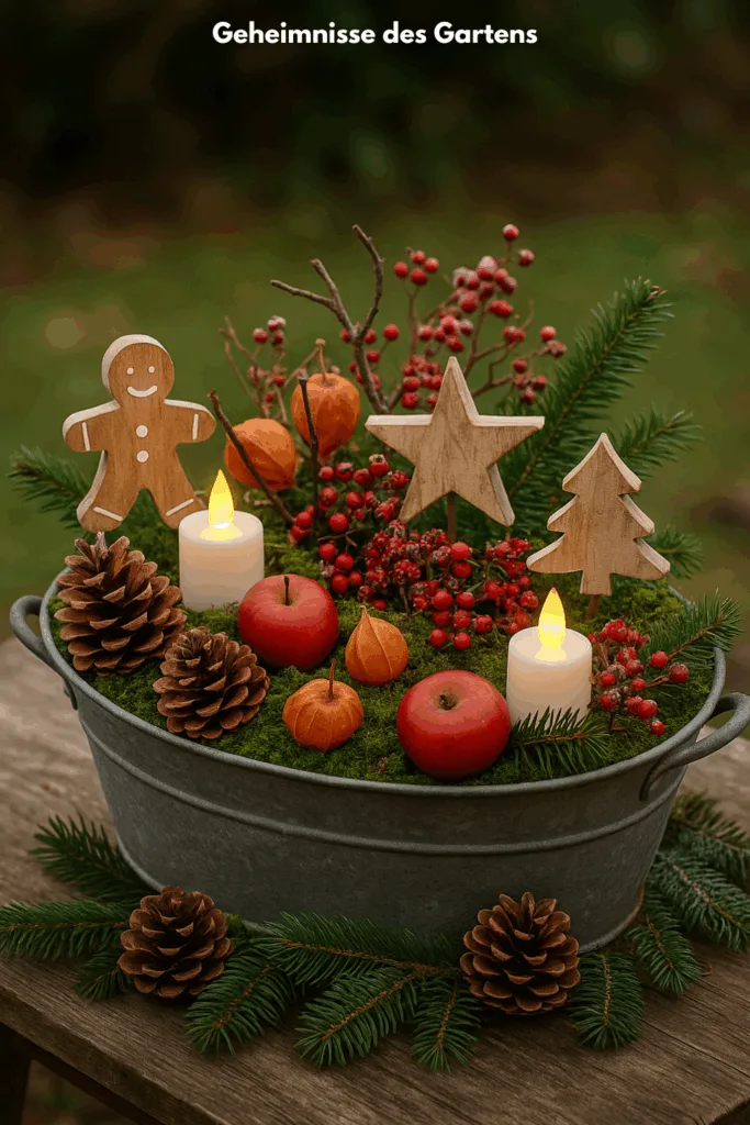 Zinkwannen Deko zu Weihnachten - 3 schöne Ideen für deinen Garten Zinkwanne Deko Garten Weihnachten mit Moos, Zapfen, Äpfeln und Holzfiguren