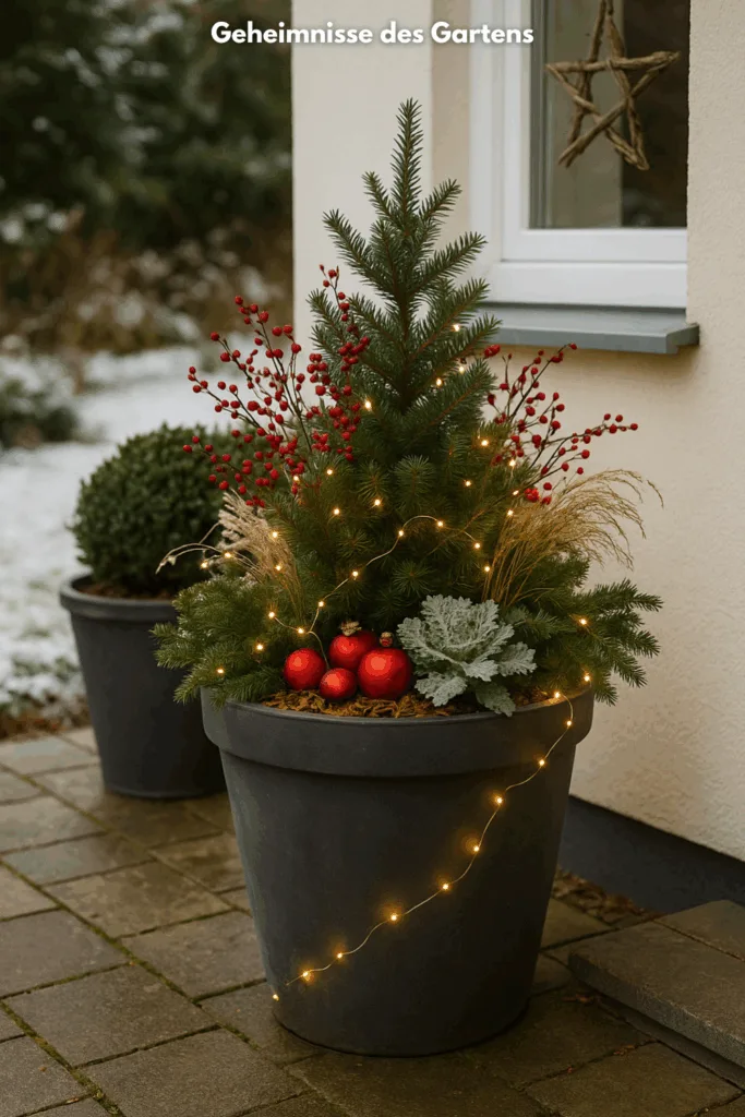 Weihnachtsdeko im Außenbereich - 4 festliche Ideen für deinen Garten Weihnachtlich dekorierter Pflanzkübel mit Tannengrün, Beeren und Lichterkette im Außenbereich