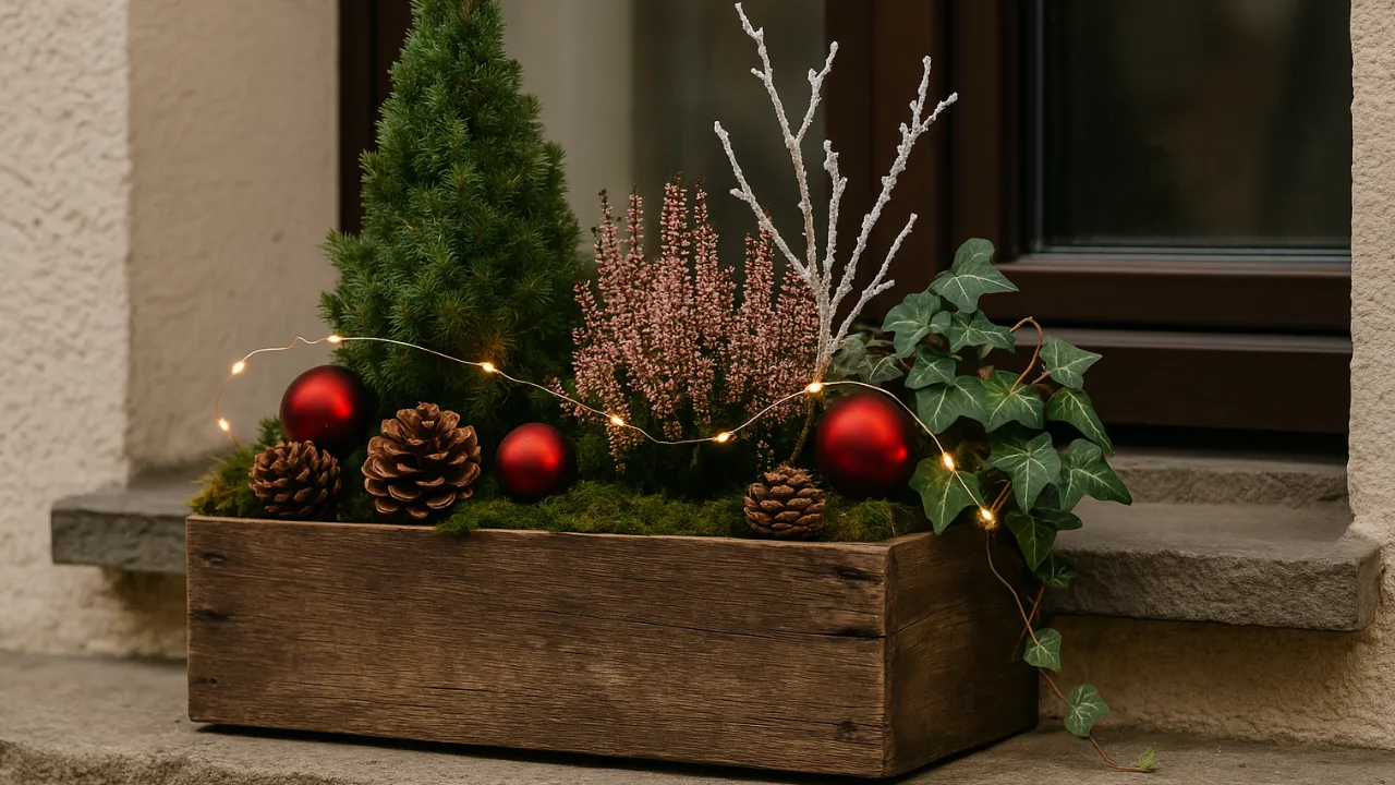 Blumenkasten weihnachtlich dekorieren – 3 traumhafte Ideen Weihnachtlich dekorierter Blumenkasten mit Fichte, Heide, Lichterkette und roten Kugeln