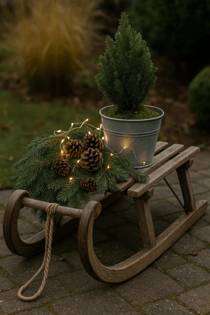 Schlitten Deko zu Weihnachten - 3 kreative Ideen für draußen Holzschlitten-Deko mit Tannenzweigen, Pflanzkübel und Lichterkette im Garten