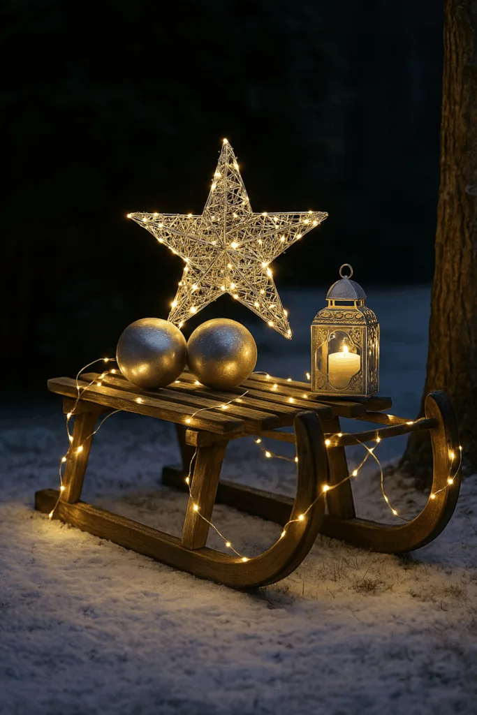 Schlitten Deko zu Weihnachten - 3 kreative Ideen für draußen Moderner Holzschlitten als Weihnachtsdeko draußen mit Lichterkette und Stern