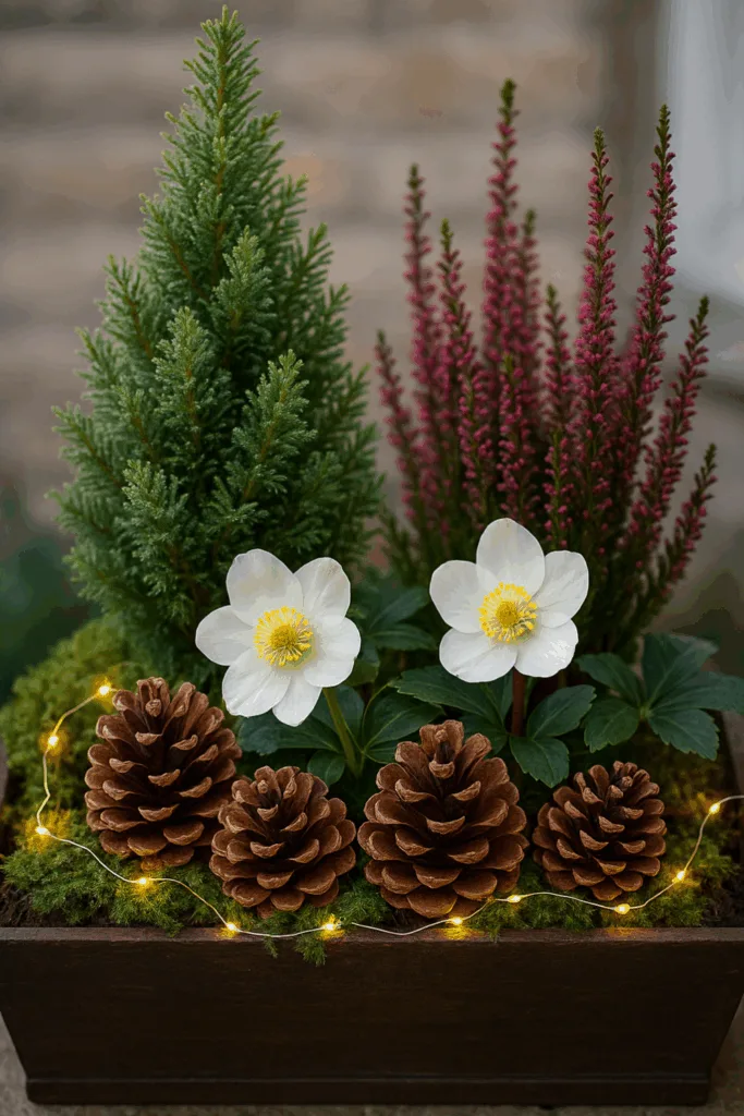Blumenkasten weihnachtlich dekorieren - 3 traumhafte Ideen Blumenkasten weihnachtlich dekoriert mit Fichte, Heide, Christrose, Moos und Lichterkette