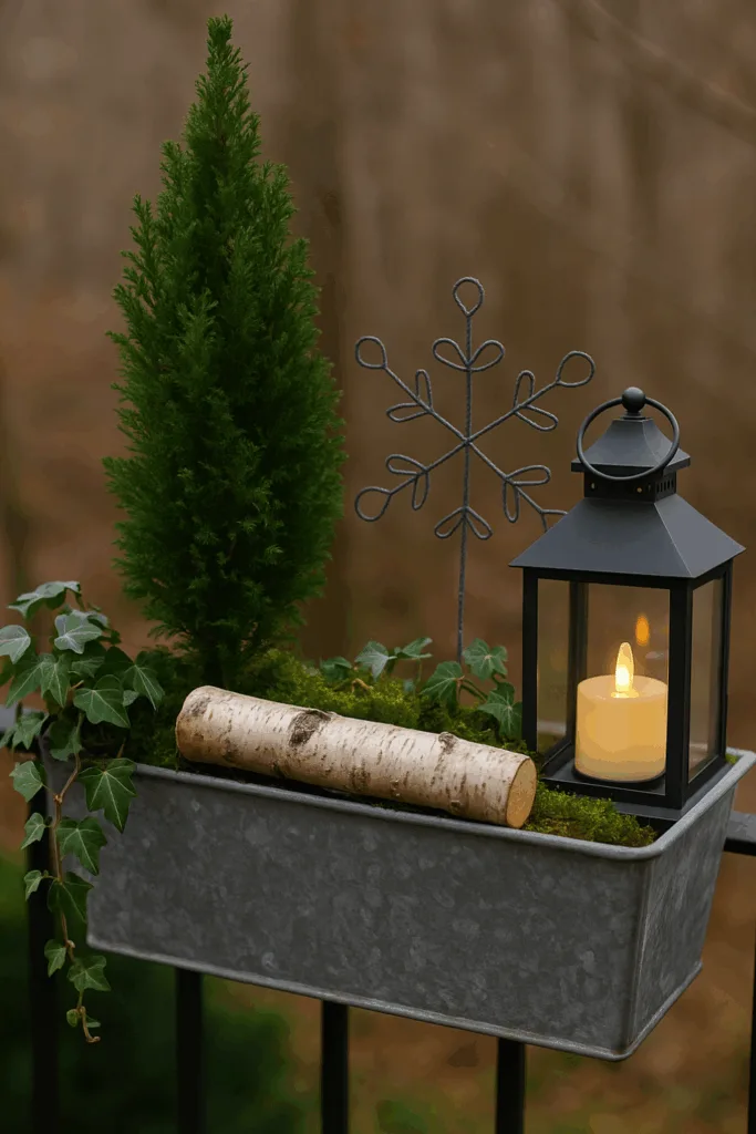 Blumenkasten weihnachtlich dekorieren - 3 traumhafte Ideen Minimalistisch-blumenkasten weihnachtlich dekoriert mit Zypresse, Laterne und Birkenholz